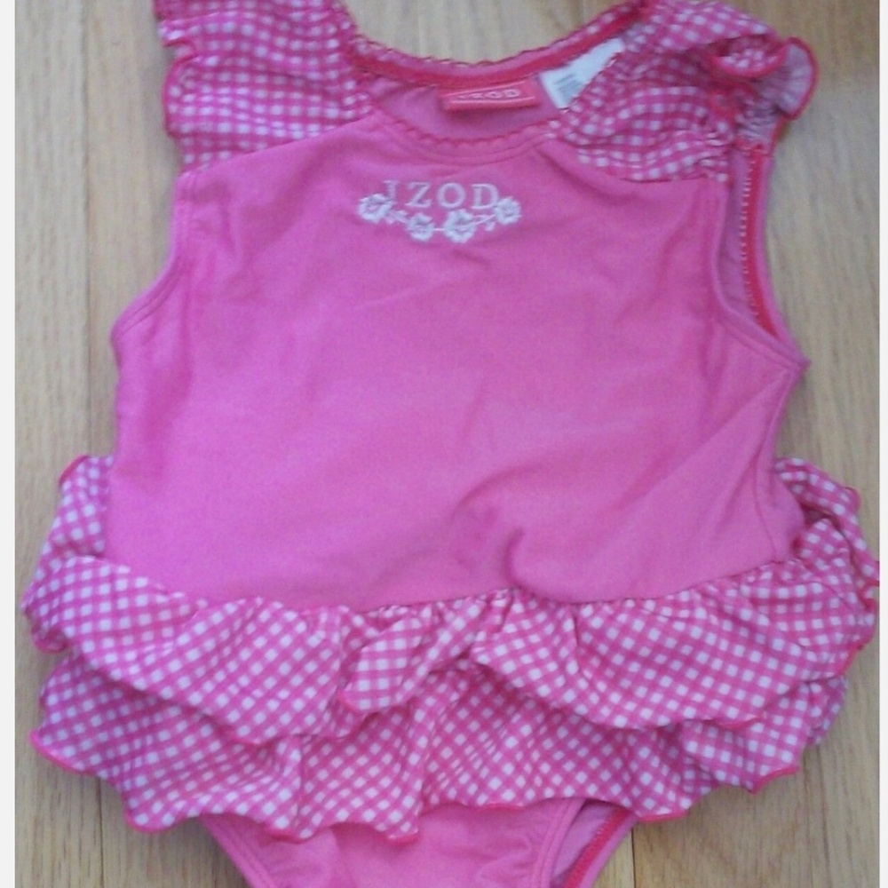 Girl Pink One Piece Swimsuit Size 18 Month IZOD with built in Gingham Tutu Flora
